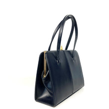 Load image into Gallery viewer, Vintage 50s/60s Classic Twin Handle Handbag with Exquisite Gilt Clasp in Navy Leather By Garfields of London-Vintage Handbag, Kelly Bag-Brand Spanking Vintage