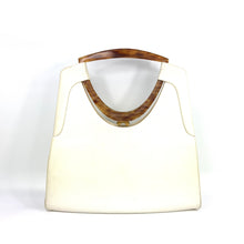 Load image into Gallery viewer, Vintage 60s/70s Handbag In Ivory Leather w/Unusual Shaped Lucite Faux Tortoiseshell Handles Made in France-Vintage Handbag, Large Handbag-Brand Spanking Vintage
