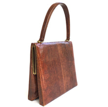 Load image into Gallery viewer, Vintage 50s Beautiful Golden Tan Monitor Lizard Skin Handbag, Top Handle Bag with Rare Side Opening Gilt Clasp-Vintage Handbag, Exotic Skins-Brand Spanking Vintage
