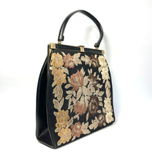Load image into Gallery viewer, Vintage Large 50s Spotlite USA Top Handle Bag in Chenille Floral Tapestry/Black Faux Leather-Vintage Handbag, Large Handbag-Brand Spanking Vintage
