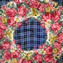 Load image into Gallery viewer, Large Vintage 70s/80s Silk Scarf in Rich Reds/Pinks in Floral/ Roses/Horseshoe Design on Navy/Blue Check Backgound-Scarves-Brand Spanking Vintage