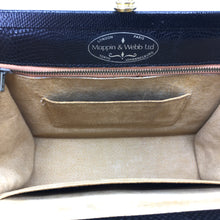 Load image into Gallery viewer, Vintage 50s 60s Black Lizard Skin Unused Top Handle Bag w/ Beehive Clasp And Matching Lizard Wallet By Mappin & Webb-Vintage Handbag, Exotic Skins-Brand Spanking Vintage