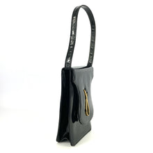 Load image into Gallery viewer, Vintage 60s Black Patent Leather/Gilt Trim Slim and Rare Jackie O Style Bag By Widegate Made in England-Vintage Handbag, Kelly Bag-Brand Spanking Vintage