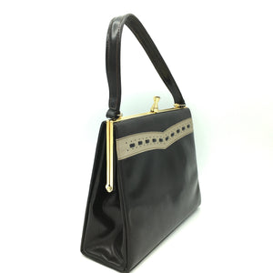 Vintage 50s 60s Dark Brown and Beige Patent Leather Classic Ladylike Bag Made in England for Clarks-Vintage Handbag, Kelly Bag-Brand Spanking Vintage