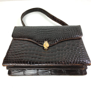 Vintage 50s 60s Exquisite Rich Chocolate Porosus Crocodile Skin Jackie O Handbag-Vintage Handbag, Exotic Skins-Brand Spanking Vintage