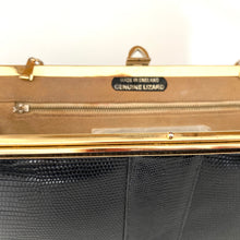 Load image into Gallery viewer, Vintage 70s/80s Clutch Bag In Black Lizard Skin w/ Optional Gilt Chain Made in England-Vintage Handbag, Clutch bags-Brand Spanking Vintage