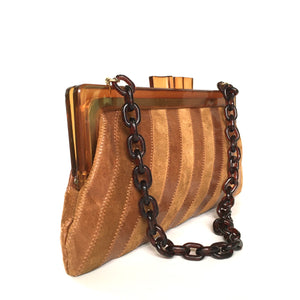 Vintage 70s/80s Clutch w/ Lucite Chain Link Shoulder Strap and Frame w/ Chunky Lucite Clasp in Caramel Suede And Leather Made in Italy-Vintage Handbag, Clutch Bag-Brand Spanking Vintage