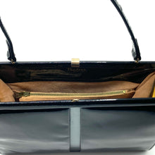Load image into Gallery viewer, Vintage Dainty Black Patent Leather Bag With Pewter Patent Detail To Front Made In England For Meadows Of Regent St-Vintage Handbag, Kelly Bag-Brand Spanking Vintage