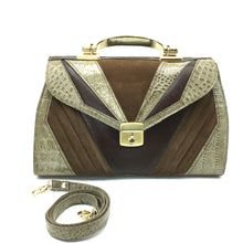 Load image into Gallery viewer, Vintage 70s Satchel Style Suede and Mock Croc/Lizard Leather Handbag in Browny/Green w/ Optional Long Shoulder Strap-Vintage Handbag, Large Handbag-Brand Spanking Vintage