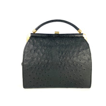 Load image into Gallery viewer, Vintage Dainty Black Genuine Ostrich Skin Clutch Bag w/ Fold Out Gilt/Ostrich Handle and Shoulder Chain Made In England-Vintage Handbag, Exotic Skins-Brand Spanking Vintage