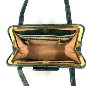 Vintage 1950s/60s Lodix Green Lizard Skin Classic Ladylike Handbag, Top Handle Bag, Made In England-Vintage Handbag, Exotic Skins-Brand Spanking Vintage