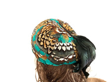 Load image into Gallery viewer, Vintage 50s Feather Pill Box Occasion Hat in Turquoise, Gold, Brown and Black-Accessories, For Her-Brand Spanking Vintage
