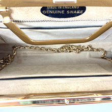 Load image into Gallery viewer, Vintage Large Python Skin Clutch Bag with Folding Gilt Handle And Gilt Shoulder Chain Made in England-Vintage Handbag, Exotic Skins-Brand Spanking Vintage
