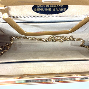 Vintage Large Python Skin Clutch Bag with Folding Gilt Handle And Gilt Shoulder Chain Made in England-Vintage Handbag, Exotic Skins-Brand Spanking Vintage