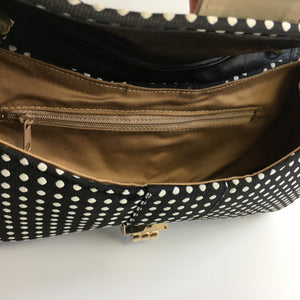 Vintgage 80s Black/Off white Textured Fabric and Leather Polka Dot Clutch Bag w/Clip On Leather Shoulder Strap-Vintage Handbag, Clutch Bag-Brand Spanking Vintage