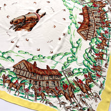 Load image into Gallery viewer, Large Silky 50s Scarf with Horses, Fox Hunting and English Countryside Cottage Scenes-Scarves-Brand Spanking Vintage