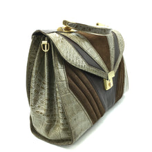 Load image into Gallery viewer, Vintage 70s Satchel Style Suede and Mock Croc/Lizard Leather Handbag in Browny/Green w/ Optional Long Shoulder Strap-Vintage Handbag, Large Handbag-Brand Spanking Vintage