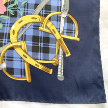 Load image into Gallery viewer, Large Vintage 70s/80s Silk Scarf in Rich Reds/Pinks in Floral/ Roses/Horseshoe Design on Navy/Blue Check Backgound-Scarves-Brand Spanking Vintage