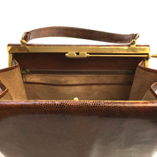 Load image into Gallery viewer, Vintage 50s Beautiful Golden Tan Monitor Lizard Skin Handbag, Top Handle Bag with Rare Side Opening Gilt Clasp-Vintage Handbag, Exotic Skins-Brand Spanking Vintage