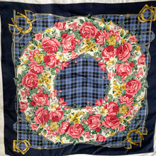 Load image into Gallery viewer, Large Vintage 70s/80s Silk Scarf in Rich Reds/Pinks in Floral/ Roses/Horseshoe Design on Navy/Blue Check Backgound-Scarves-Brand Spanking Vintage
