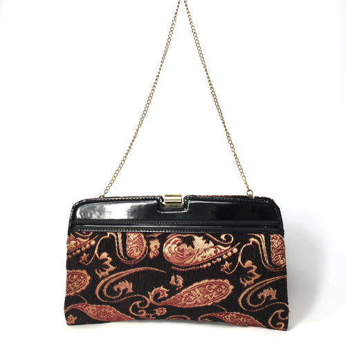Vintage 70s/80s Red Black and Gold Paisley Chenille Tapestry and Black Patent Leather Clutch Shoulder Chain Bag-Vintage Handbag, Clutch Bag-Brand Spanking Vintage