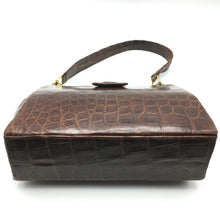 Load image into Gallery viewer, Vintage 50s Milk Chocolate Crocodile Skin Classic Ladylike Bag/ Top Handle Bag w/ Exquisite Clasp, Crocodile Pull Tab And Longer Handle-Vintage Handbag, Exotic Skins-Brand Spanking Vintage