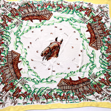 Load image into Gallery viewer, Large Silky 50s Scarf with Horses, Fox Hunting and English Countryside Cottage Scenes-Scarves-Brand Spanking Vintage