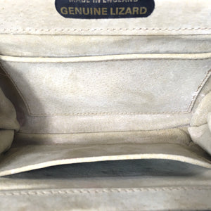 Vintage Dainty Black Lizard Skin Clutch Bag Fold Out Gilt Chain Made In England-Vintage Handbag, Exotic Skins-Brand Spanking Vintage