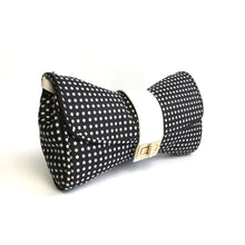 Load image into Gallery viewer, Vintgage 80s Black/Off white Textured Fabric and Leather Polka Dot Clutch Bag w/Clip On Leather Shoulder Strap-Vintage Handbag, Clutch Bag-Brand Spanking Vintage