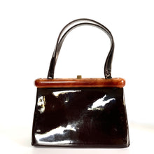Load image into Gallery viewer, Vintage 50s/60s Brown Patent Leather Handbag W/ Faux Tortoiseshell Lucite Feature By Widegate-Vintage Handbag, Top Handle Bag-Brand Spanking Vintage