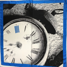 Load image into Gallery viewer, Vintage 80s Large Silk Scarf Clock Image, Bright Blue, Black and Grey Made in Italy-Scarves-Brand Spanking Vintage