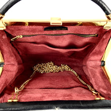 Load image into Gallery viewer, Vintage Dainty Black Genuine Ostrich Skin Clutch Bag w/ Fold Out Gilt/Ostrich Handle and Shoulder Chain Made In England-Vintage Handbag, Exotic Skins-Brand Spanking Vintage