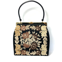 Load image into Gallery viewer, Vintage Large 50s Spotlite USA Top Handle Bag in Chenille Floral Tapestry/Black Faux Leather-Vintage Handbag, Large Handbag-Brand Spanking Vintage