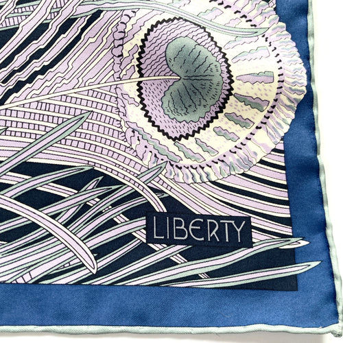Liberty Of London Silk Scarf In Updated 'Hera' Design In Vibrant Blues, Ivory, Grey and And Lilac-Scarves-Brand Spanking Vintage