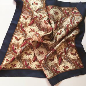 Liberty of London Silk Scarf in a Birds Design of Cream/Gold/Burgundy/Blue with Navy Border Made in England-Scarves-Brand Spanking Vintage