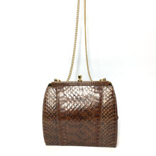 Load image into Gallery viewer, Vintage Coffee Brown Snakeskin Clutch Bag with Fold In Chain Handle and Leather Lining Made in England-Vintage Handbag, Exotic Skins-Brand Spanking Vintage