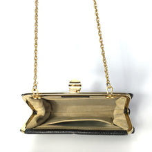Load image into Gallery viewer, Vintage Dainty Black Lizard Skin Clutch Bag Fold Out Gilt Chain Made In England-Vintage Handbag, Exotic Skins-Brand Spanking Vintage