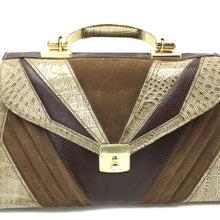 Load image into Gallery viewer, Vintage 70s Satchel Style Suede and Mock Croc/Lizard Leather Handbag in Browny/Green w/ Optional Long Shoulder Strap-Vintage Handbag, Large Handbag-Brand Spanking Vintage