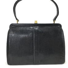 Load image into Gallery viewer, Vintage 50s 60s Black Lizard Skin Unused Top Handle Bag w/ Beehive Clasp And Matching Lizard Wallet By Mappin & Webb-Vintage Handbag, Exotic Skins-Brand Spanking Vintage