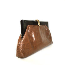 Load image into Gallery viewer, Vintage 70s/80s Caramel/ Dark tan Leather Faux Croc Clutch Bag w/ Fold Out Shoulder Strap, Made in Italy-Vintage Handbag, Clutch Bag-Brand Spanking Vintage