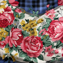 Load image into Gallery viewer, Large Vintage 70s/80s Silk Scarf in Rich Reds/Pinks in Floral/ Roses/Horseshoe Design on Navy/Blue Check Backgound-Scarves-Brand Spanking Vintage
