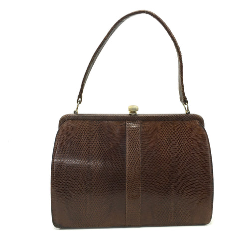 Vintage 50s Classic Mappin And Webb Brown Lizard Skin Classic Ladylike Bag with Gilt Barrel Clasp-Vintage Handbag, Exotic Skins-Brand Spanking Vintage