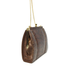 Load image into Gallery viewer, Vintage Coffee Brown Snakeskin Clutch Bag with Fold In Chain Handle and Leather Lining Made in England-Vintage Handbag, Exotic Skins-Brand Spanking Vintage