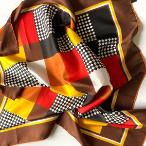 Large Vintage 70s Silk Scarf in Rich Red Brown and Yellow Geometric Design by Bellino Made in Italy-Scarves-Brand Spanking Vintage
