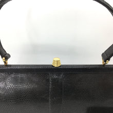 Load image into Gallery viewer, Vintage 50s 60s Black Lizard Skin Unused Top Handle Bag w/ Beehive Clasp And Matching Lizard Wallet By Mappin & Webb-Vintage Handbag, Exotic Skins-Brand Spanking Vintage