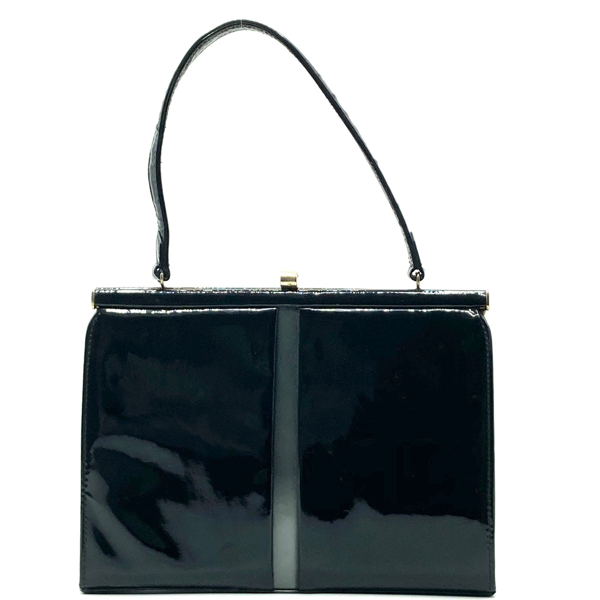 Vintage Dainty Black Patent Leather Bag With Pewter Patent Detail To Front  Made In England For Meadows Of Regent St