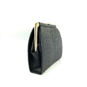Vintage Dainty Black Genuine Ostrich Skin Clutch Bag w/ Fold Out Gilt/Ostrich Handle and Shoulder Chain Made In England-Vintage Handbag, Exotic Skins-Brand Spanking Vintage