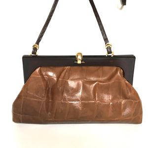 Vintage 70s/80s Caramel/ Dark tan Leather Faux Croc Clutch Bag w/ Fold Out Shoulder Strap, Made in Italy-Vintage Handbag, Clutch Bag-Brand Spanking Vintage
