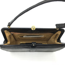 Load image into Gallery viewer, Vintage 50s 60s Black Lizard Skin Unused Top Handle Bag w/ Beehive Clasp And Matching Lizard Wallet By Mappin & Webb-Vintage Handbag, Exotic Skins-Brand Spanking Vintage