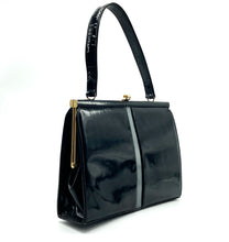 Load image into Gallery viewer, Vintage Dainty Black Patent Leather Bag With Pewter Patent Detail To Front Made In England For Meadows Of Regent St-Vintage Handbag, Kelly Bag-Brand Spanking Vintage